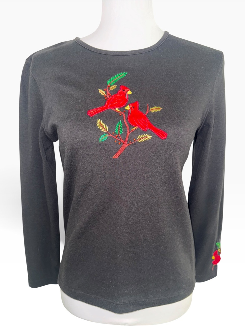 Mercer Street Studio Petite PM Black Cardinal Bird Embroidered Long Sleeve Top